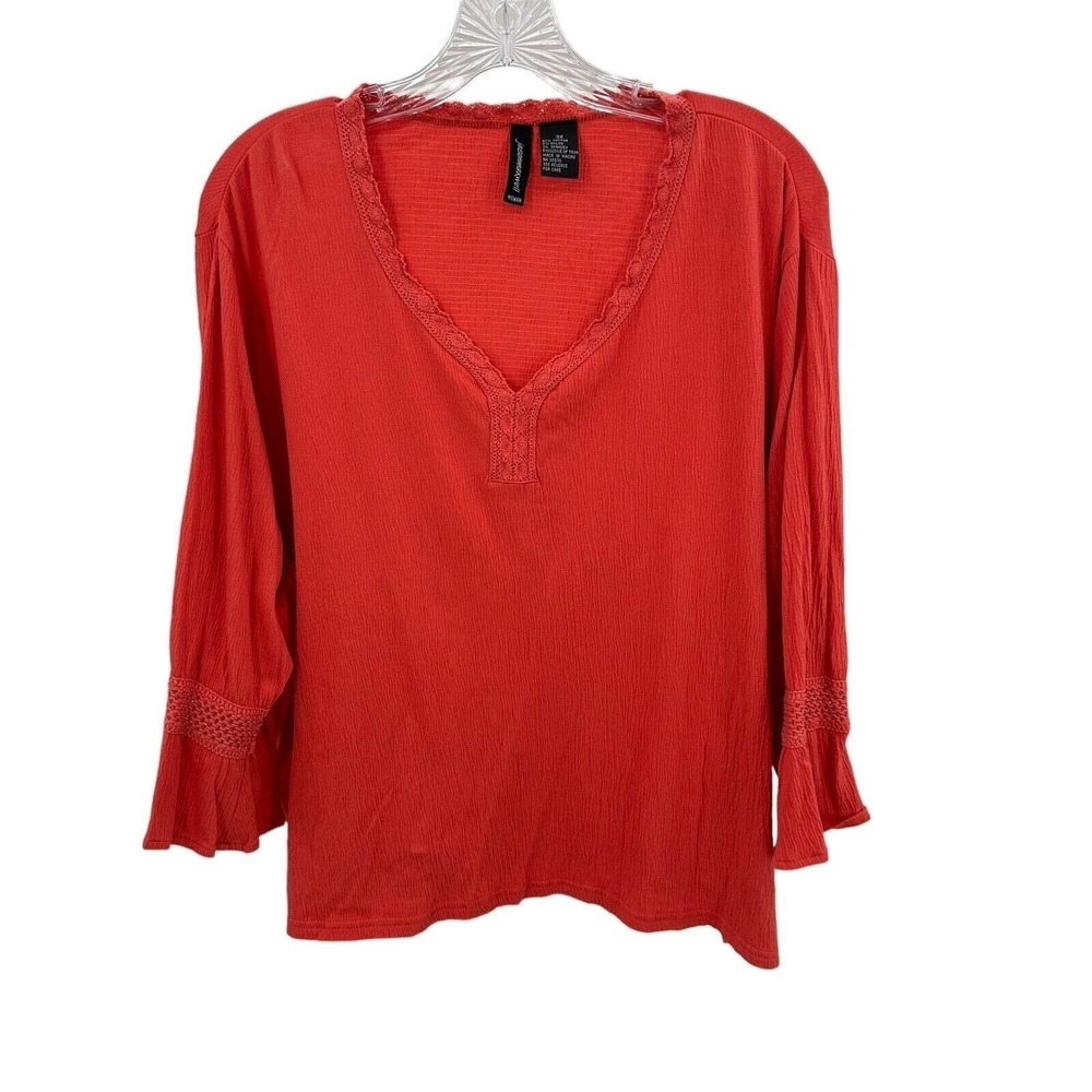 Jason Maxwell Coral Orange Textured Peasant Blouse Crochet Trim Plus Size 3X